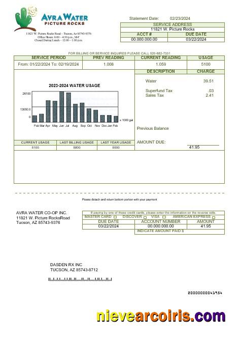 USA Arizona Avra Water business utility bill